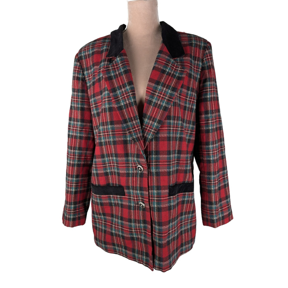 VTG Graff California Red Plaid Velvet Blazer Jacket 16 Equestrian Preppy Country